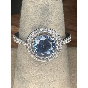 925 Sterling Silver Bright Blue Topaz Ring Cz Halo & Cz Band Accents Sz 7
